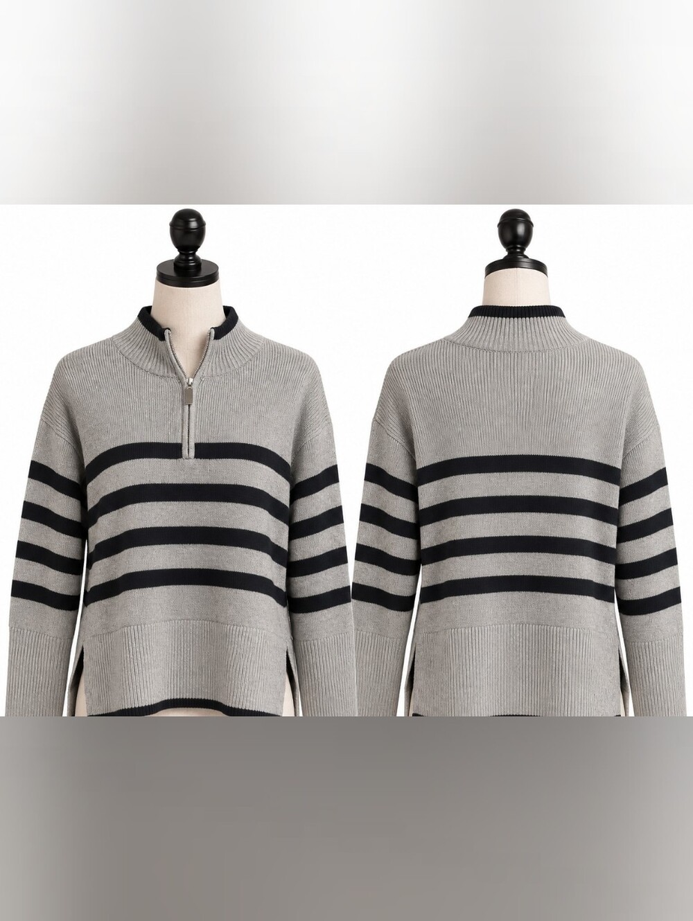 Jessica Simpson taupe black striped zip front pullover sweater size large NEW